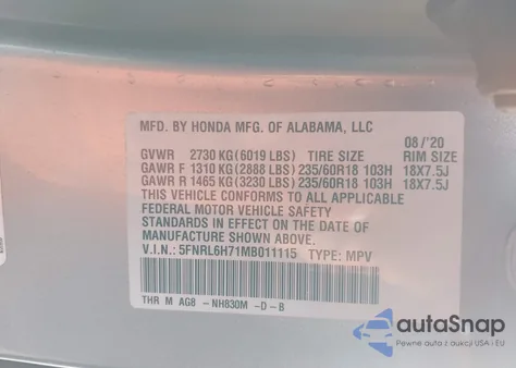 2021 Honda Odyssey Ex-L z USA, uszkodzony, nr VIN 5FNRL6H71MB011115